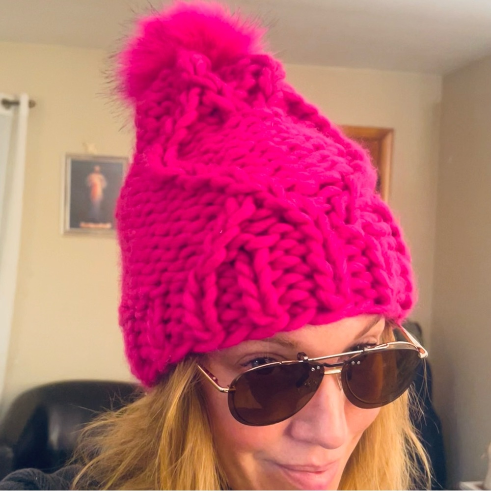 Hot Pink Cabled Heart Beanie with Pom-Pom